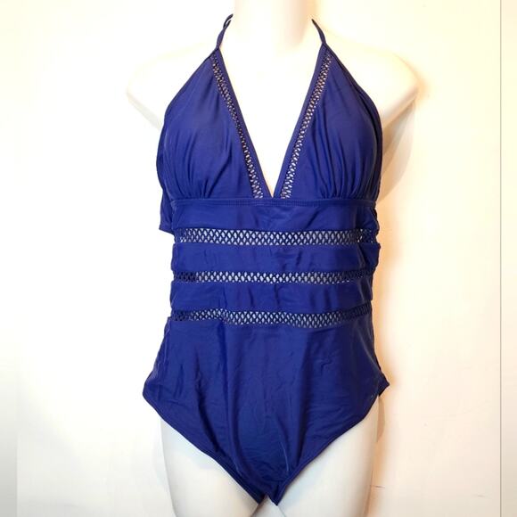 Tempt Me New Navy Blue One Piece Swimsuit Bathing Suit Halter Size L - Picture 1 of 13